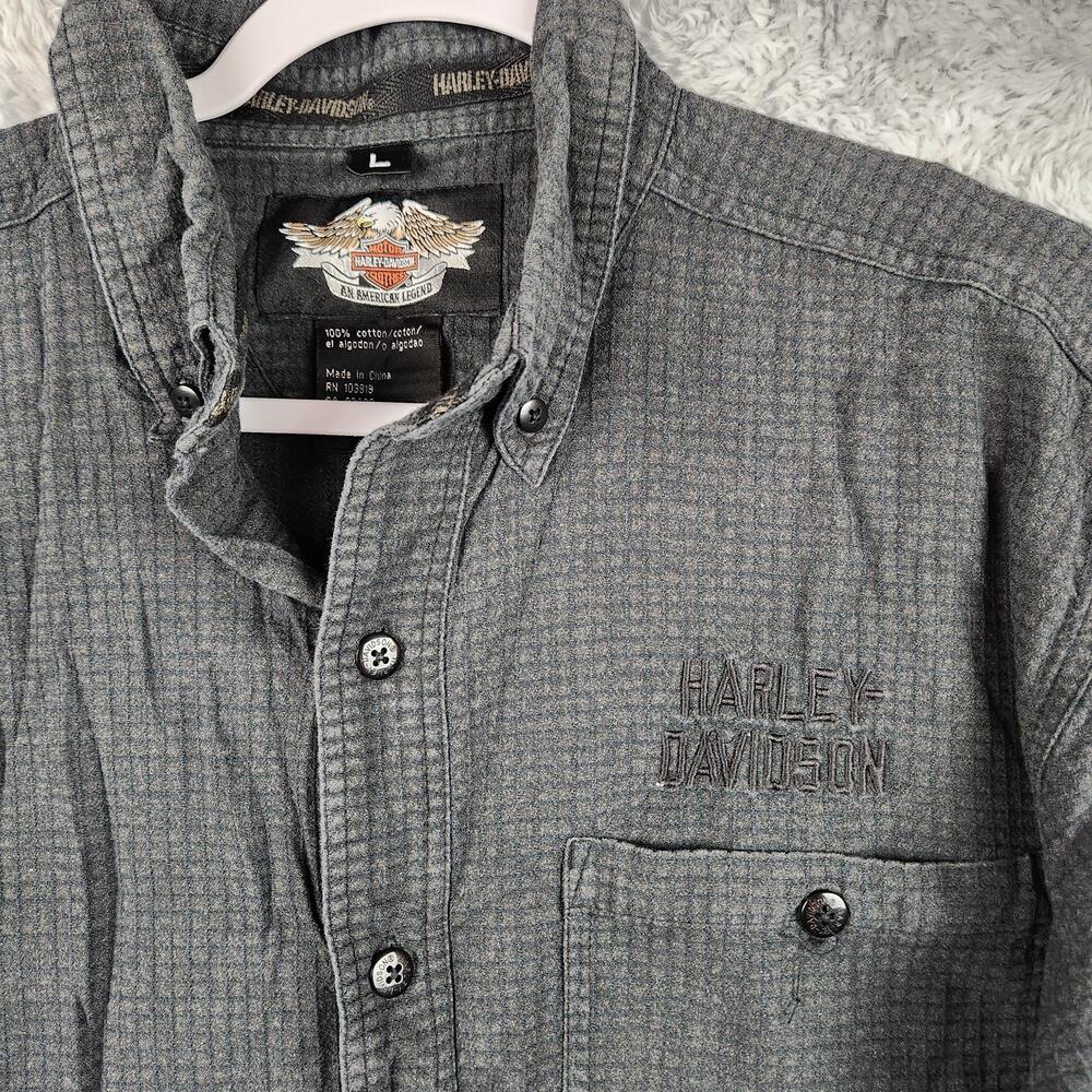 Harley Davidson Shirt Mens Large Gray Check Long Sleeve Embroidered Pockets